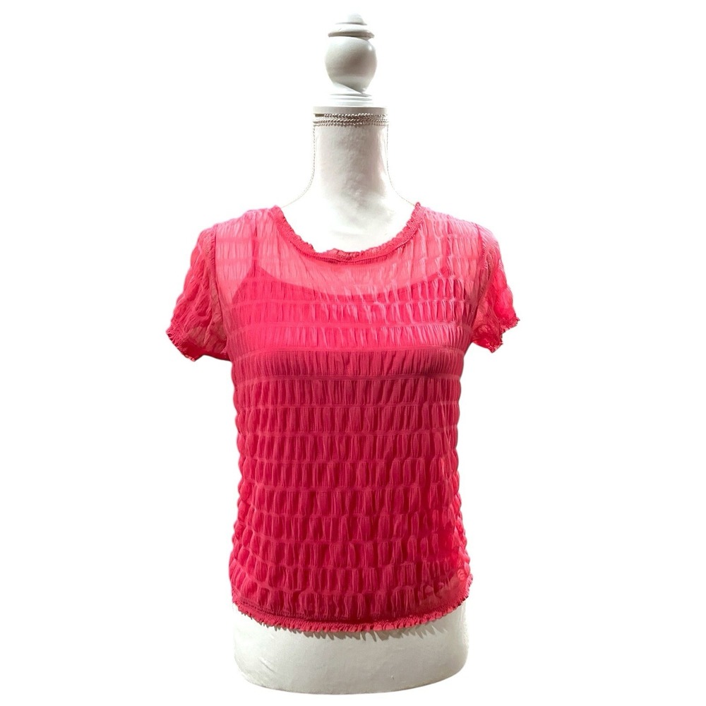 Women's Sheer Barbie Pink Short-Sleeve Sheer Blouse Y2K Preppy 90s Size Large